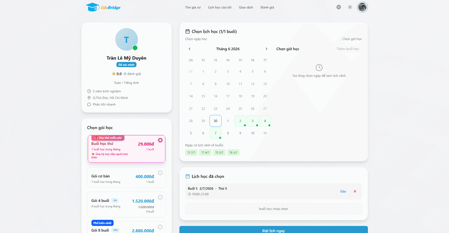 EduBridge tutor booking screen with course and tutor information