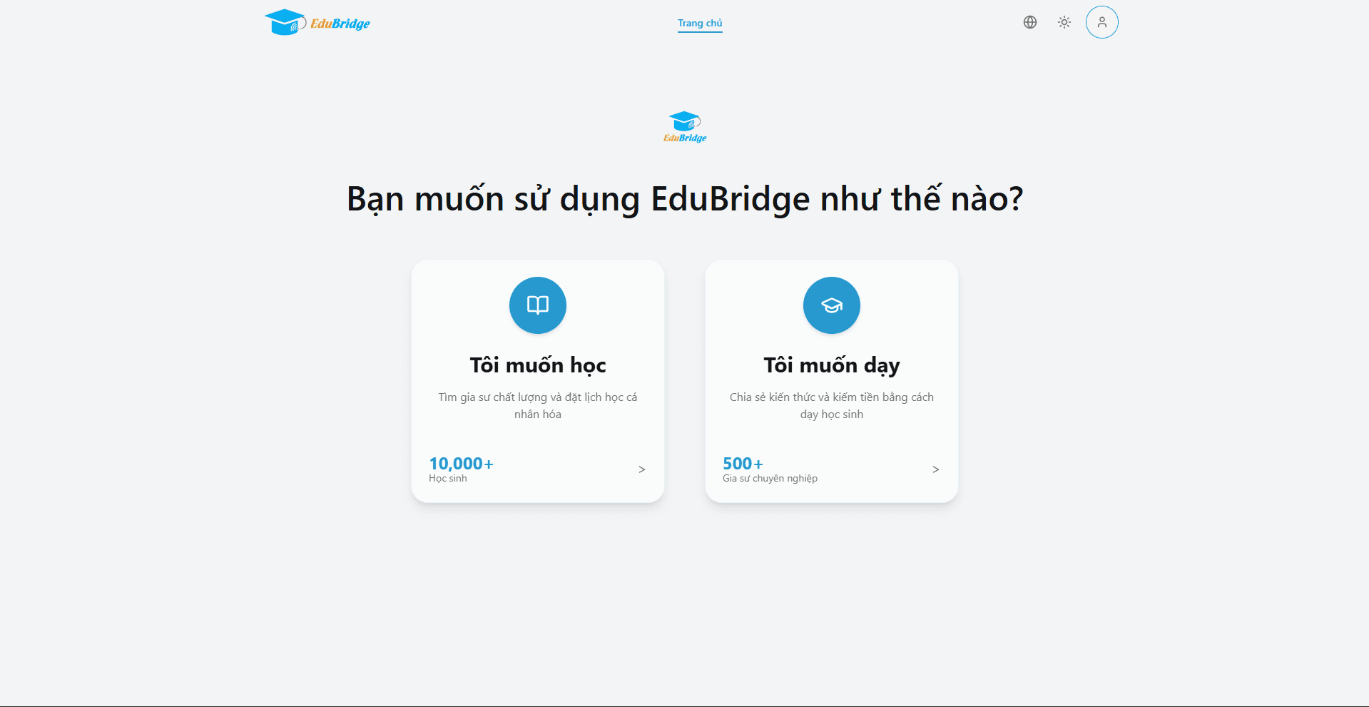 EduBridge role selection screen for teacher and student onboarding