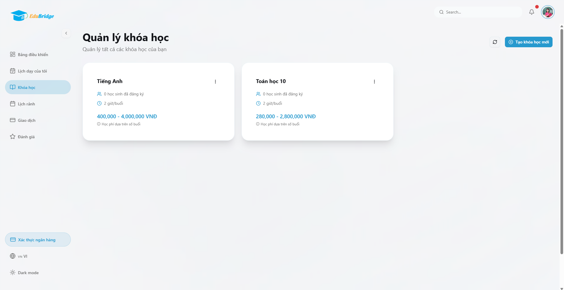 EduBridge tutor course management dashboard