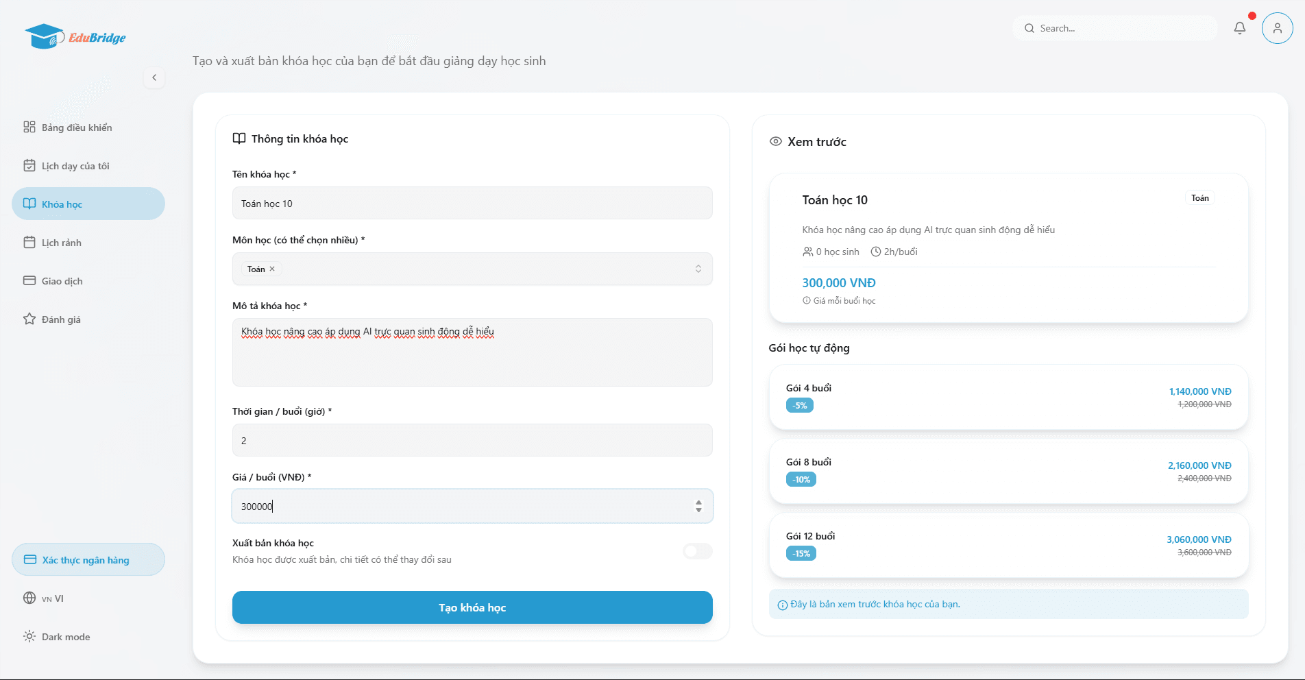 EduBridge create course form for tutor course packages