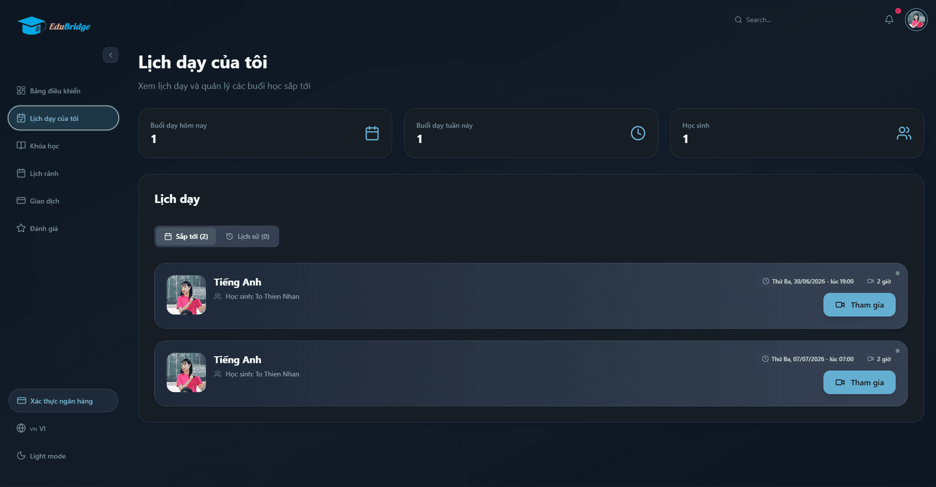 EduBridge dark theme interface preview