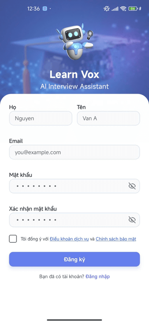 Learn Vox AI mobile login screen
