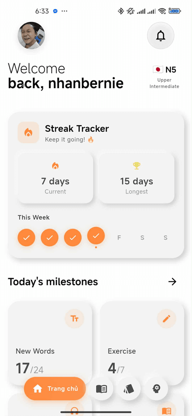 Nihonix home screen with learning progress