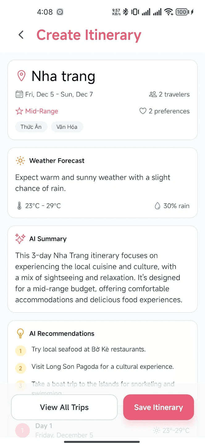 Schedoryn AI itinerary result with weather summary