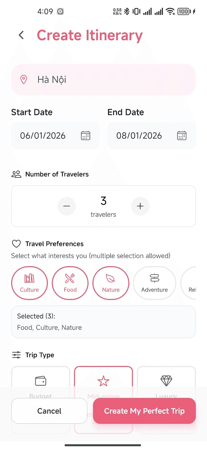 Schedoryn create itinerary screen