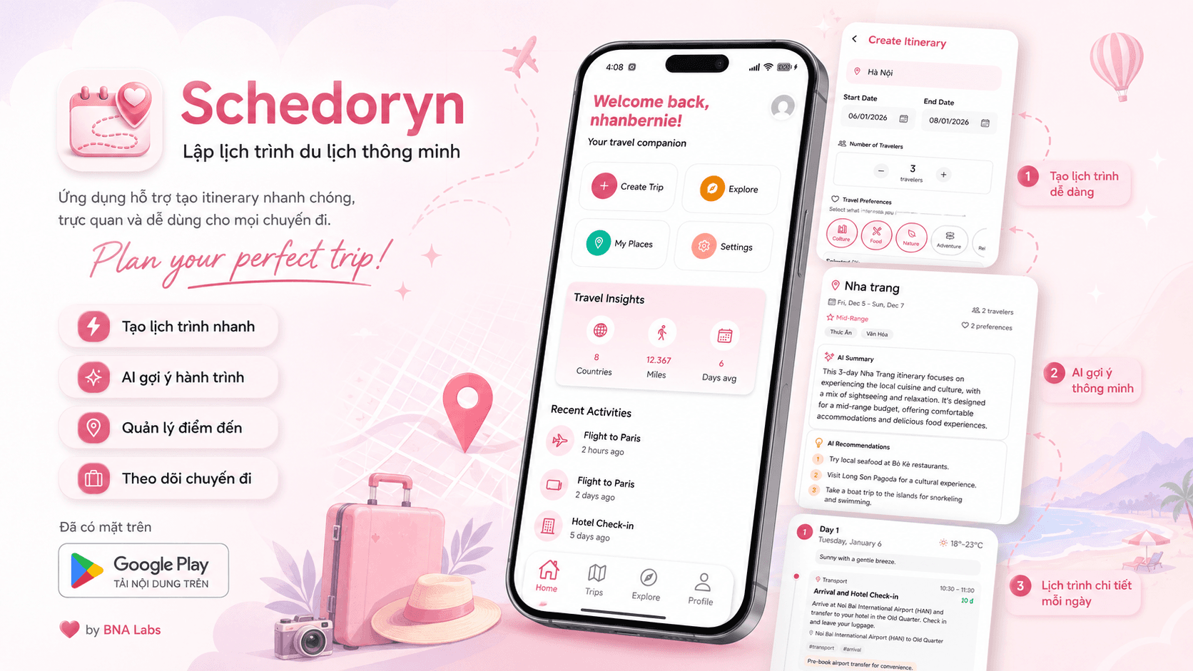 Schedoryn AI travel planner mobile app showcase